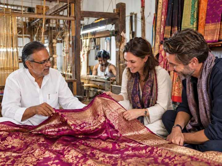 Travellers discovering Banarasi silk weaving with a local craftsman