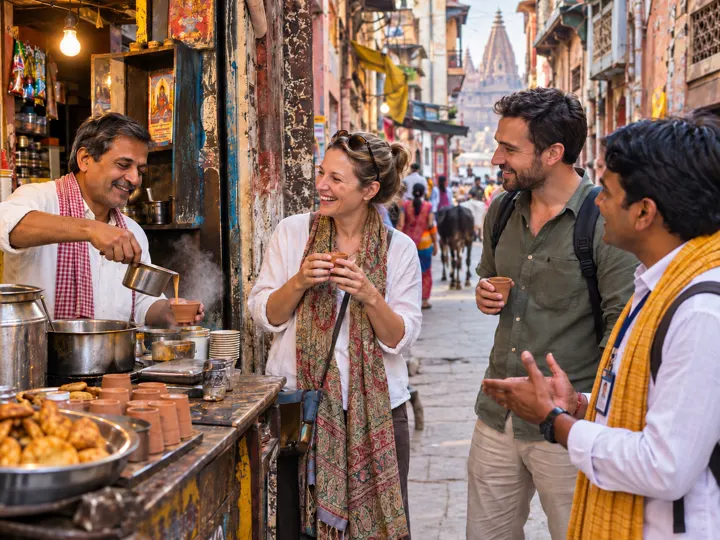 Travellers sharing chai with local people during an old-city walk