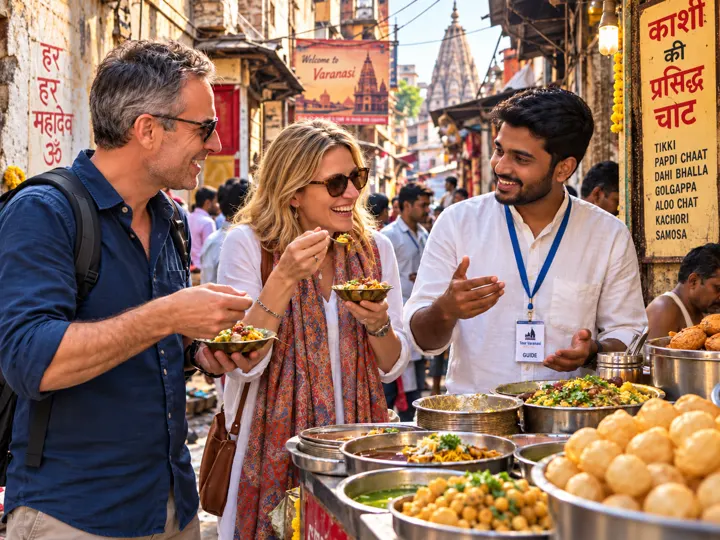 Travellers enjoying a guided street food experience in Varanasi