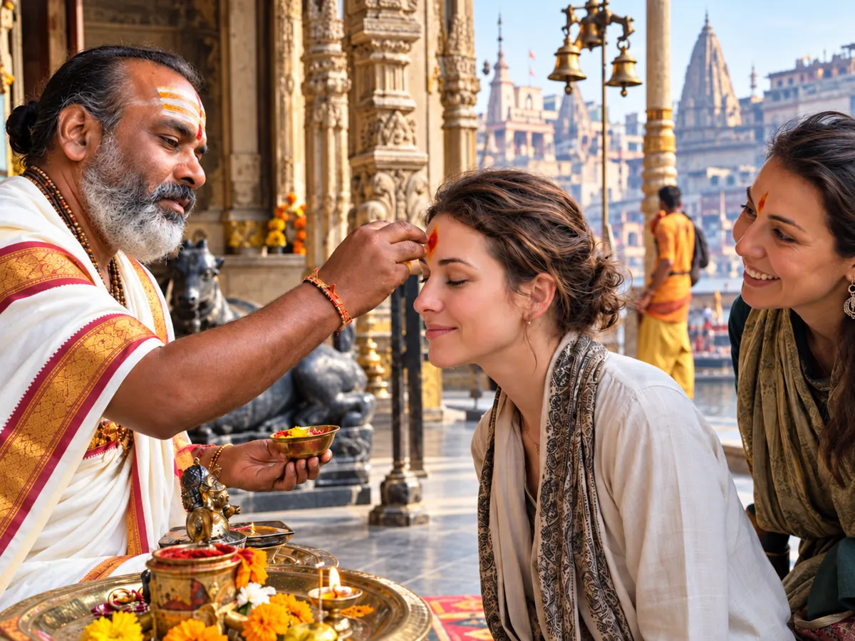 Guest receiving a traditional temple blessing in Varanasi