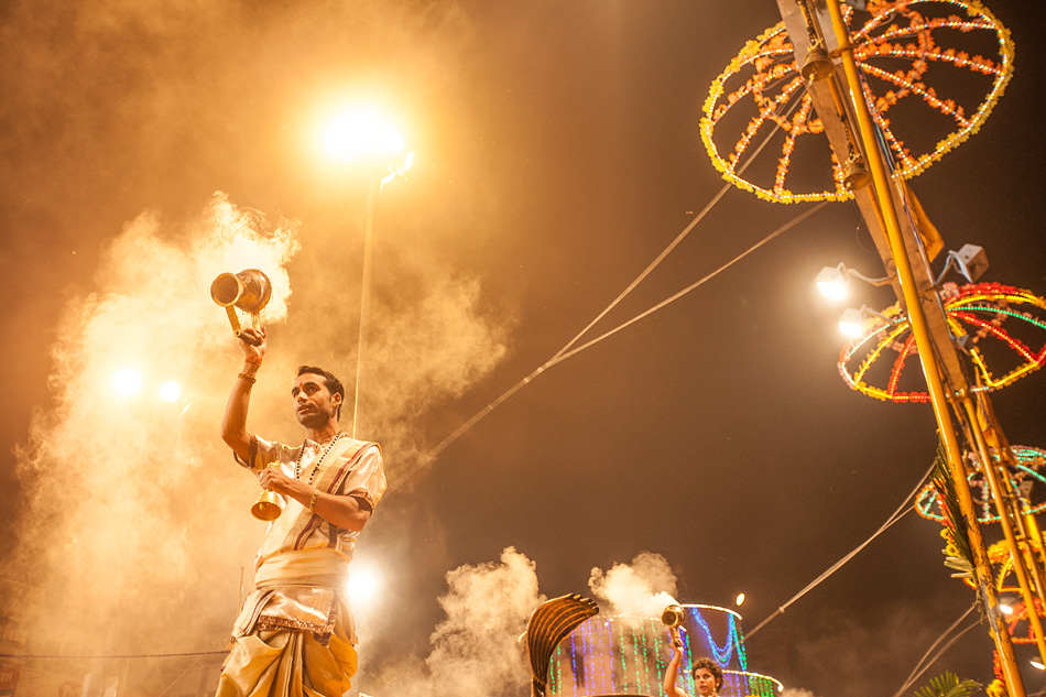 Balcony view of evening Ganga Aarti in Varanasi